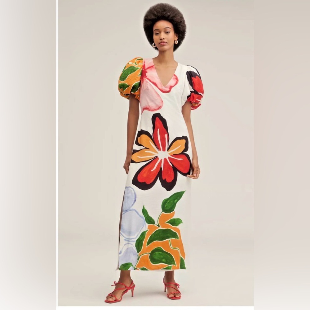 Anthropologie White Floral Maxi Dress with Puff Sleeves